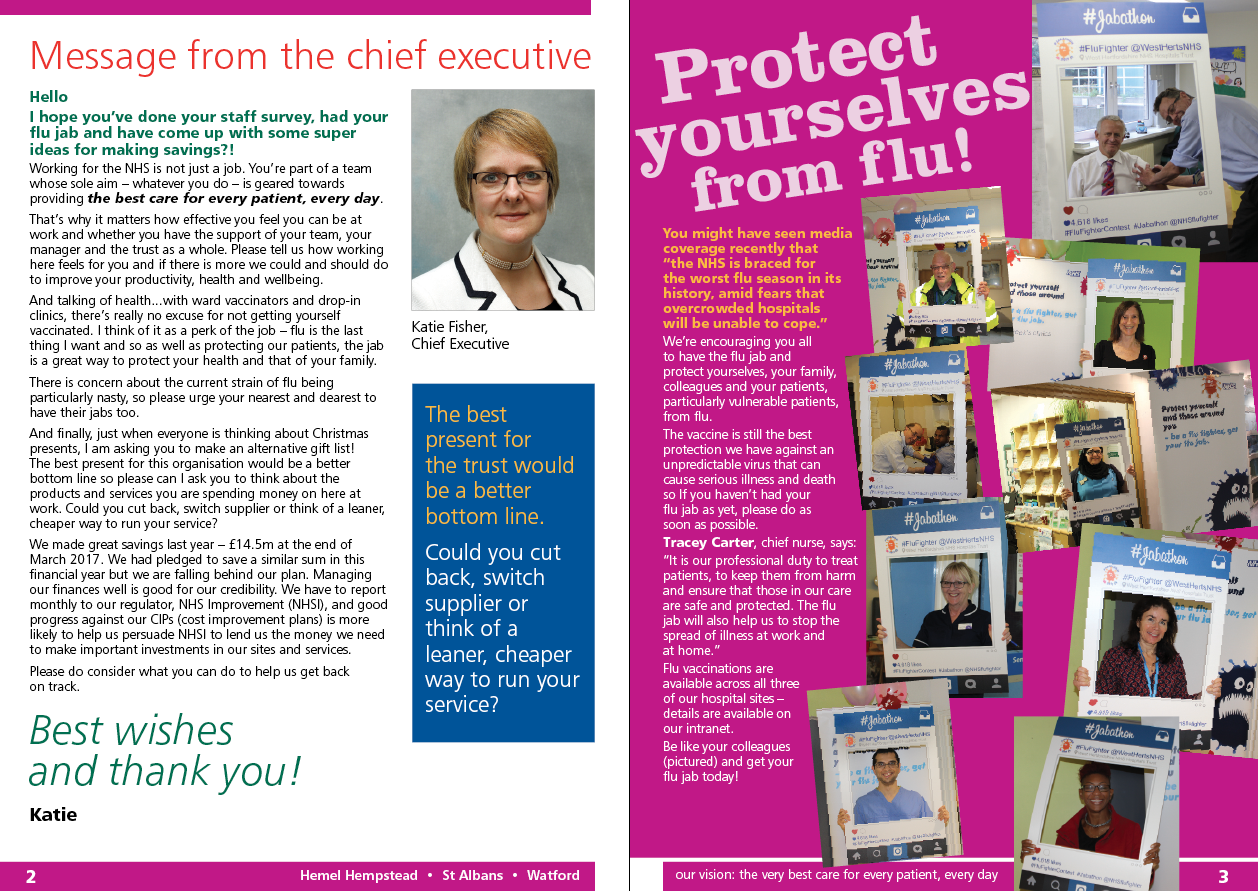 WHHT (West Herts Hospitals Trust) Herts & minds newsletter design