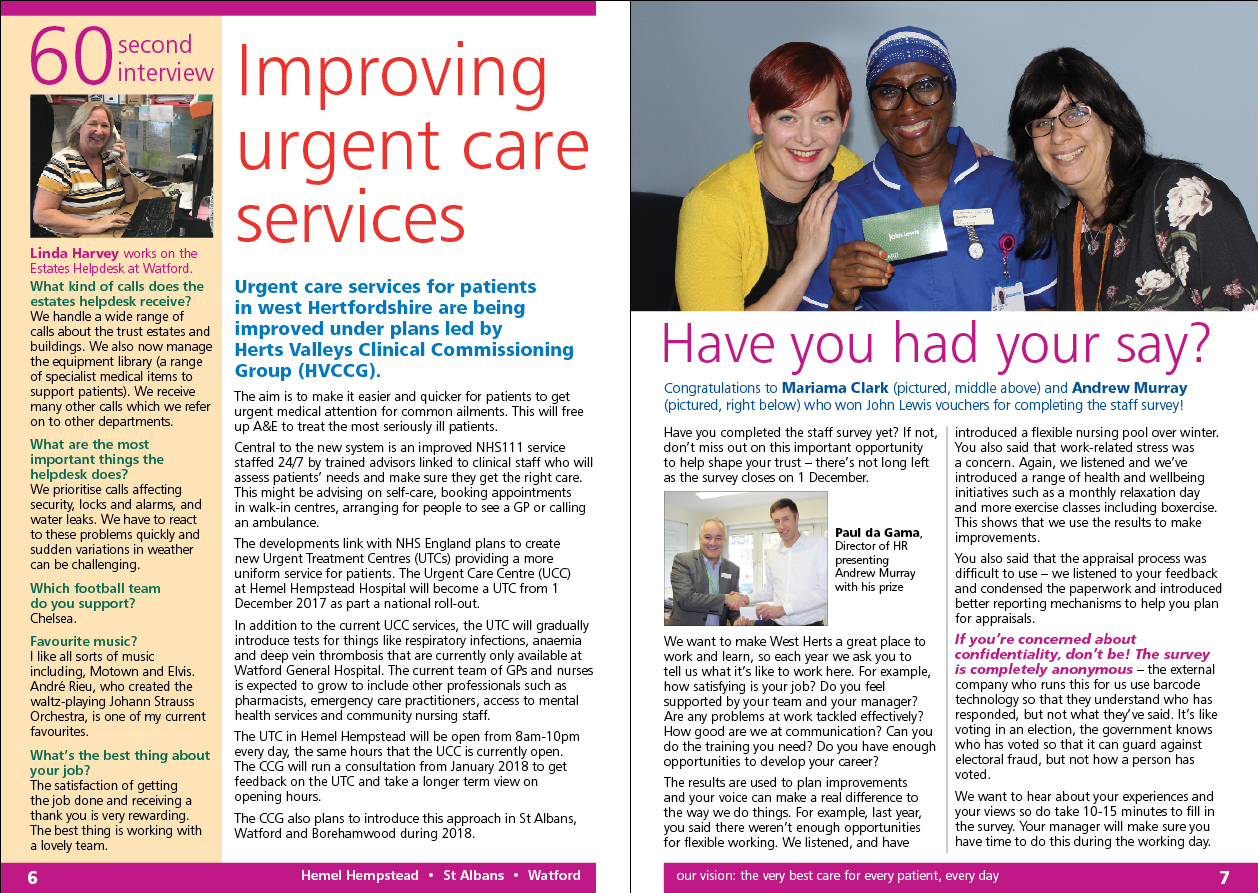 WHHT (West Herts Hospitals Trust) Herts & minds newsletter design