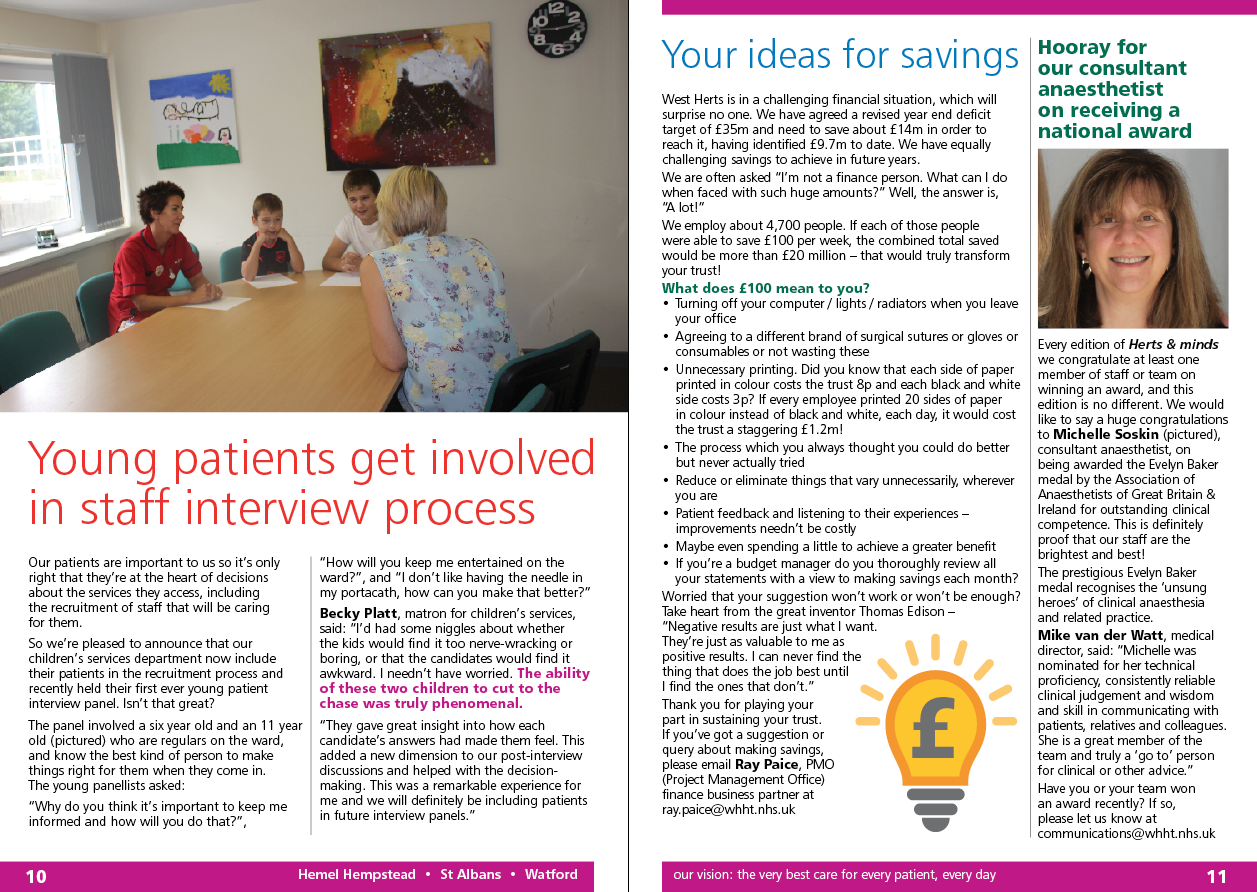 WHHT (West Herts Hospitals Trust) Herts & minds newsletter design