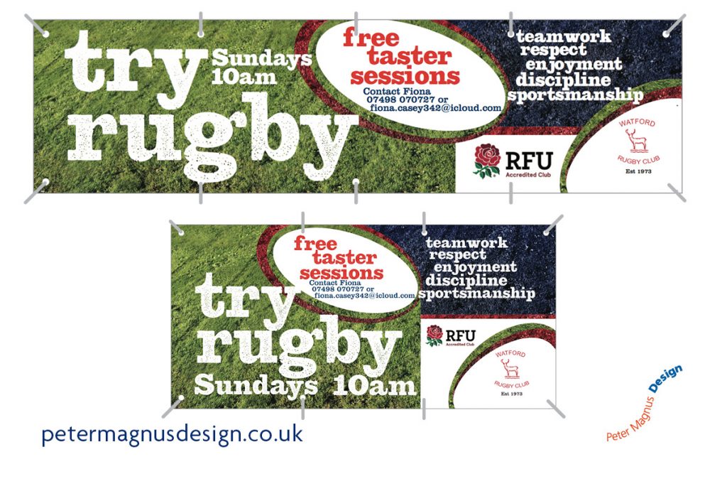 Watford Rugby Club sports graphics – Peter Magnus Design, Watford, Herts, large and small vinyl banners