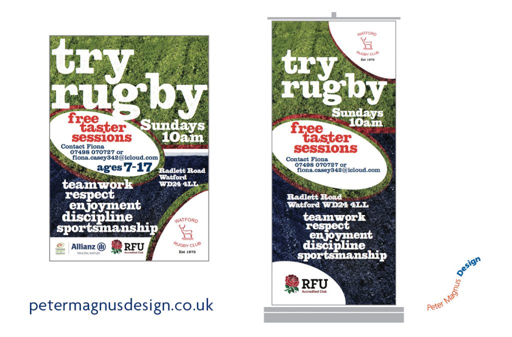 Watford Rugby Club sports graphics – Peter Magnus Design, Watford, Herts, poster and pull-up banner